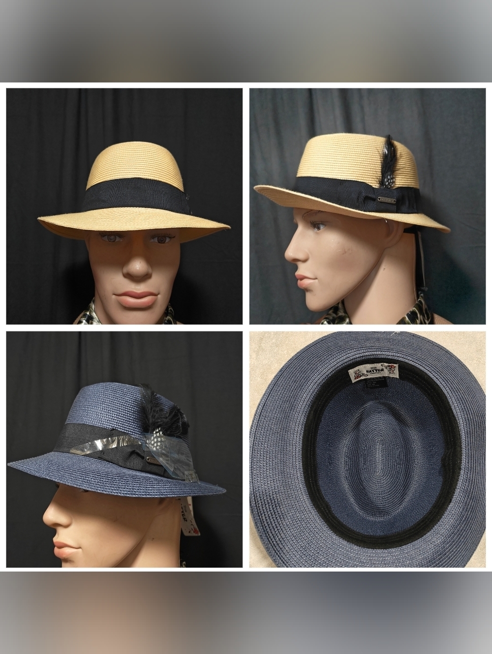 Pack of Two Straw Fedora Hats with Feather Trim - Tan & Blue